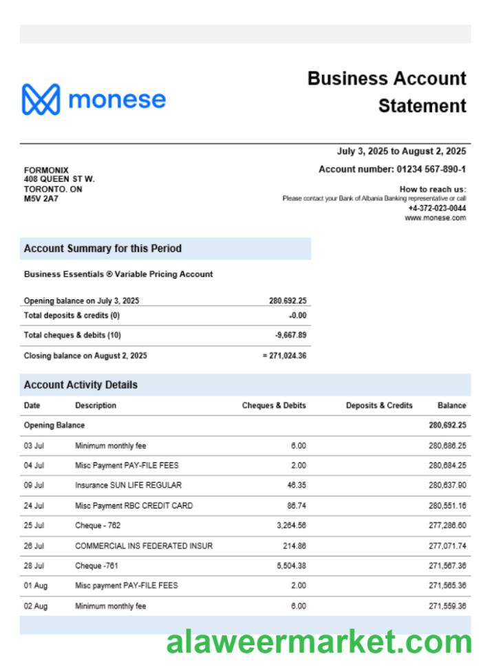 Monese bank business bank statement Word and PDF format